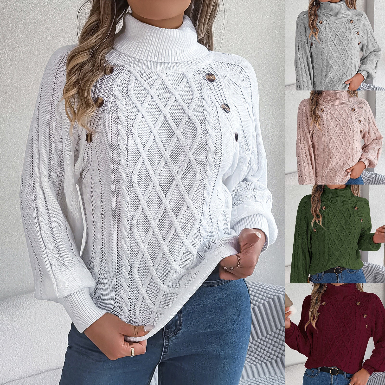 Women's autumn and winter fashion casual solid color button twist high collar lantern sleeve pullover sweater - 2bazar4