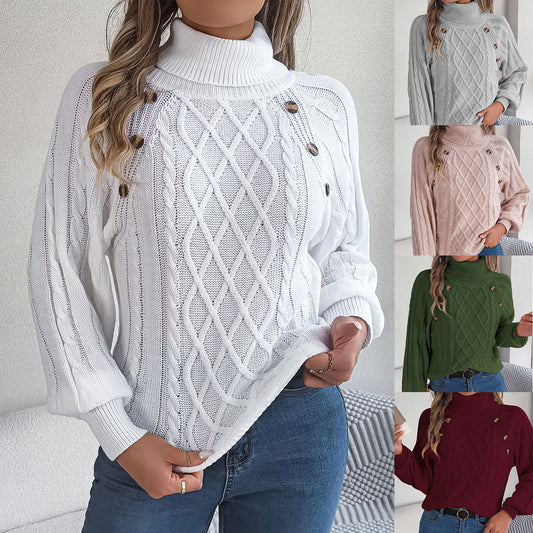 Women's autumn and winter fashion casual solid color button twist high collar lantern sleeve pullover sweater - 2bazar4