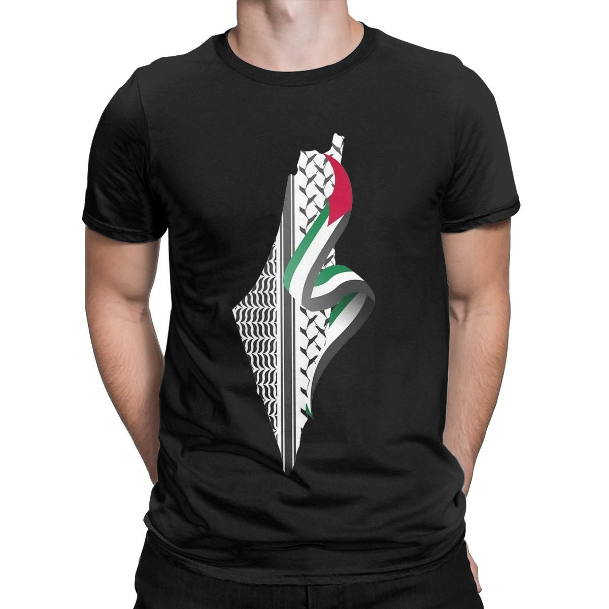 Retro Palestine Map T-shirt Men's Round Neck Cotton T-shirt Short sleeved T-shirt - 2bazar4