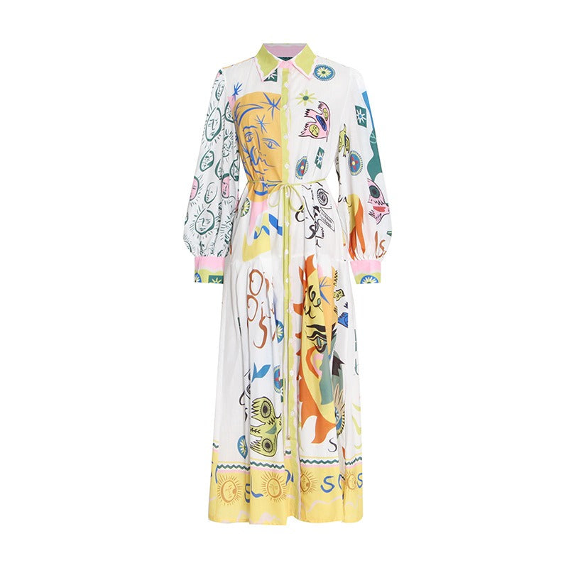 French court-style long skirt for women trendy autumn new fashionable lapel lantern sleeve lace-up ruffle dress