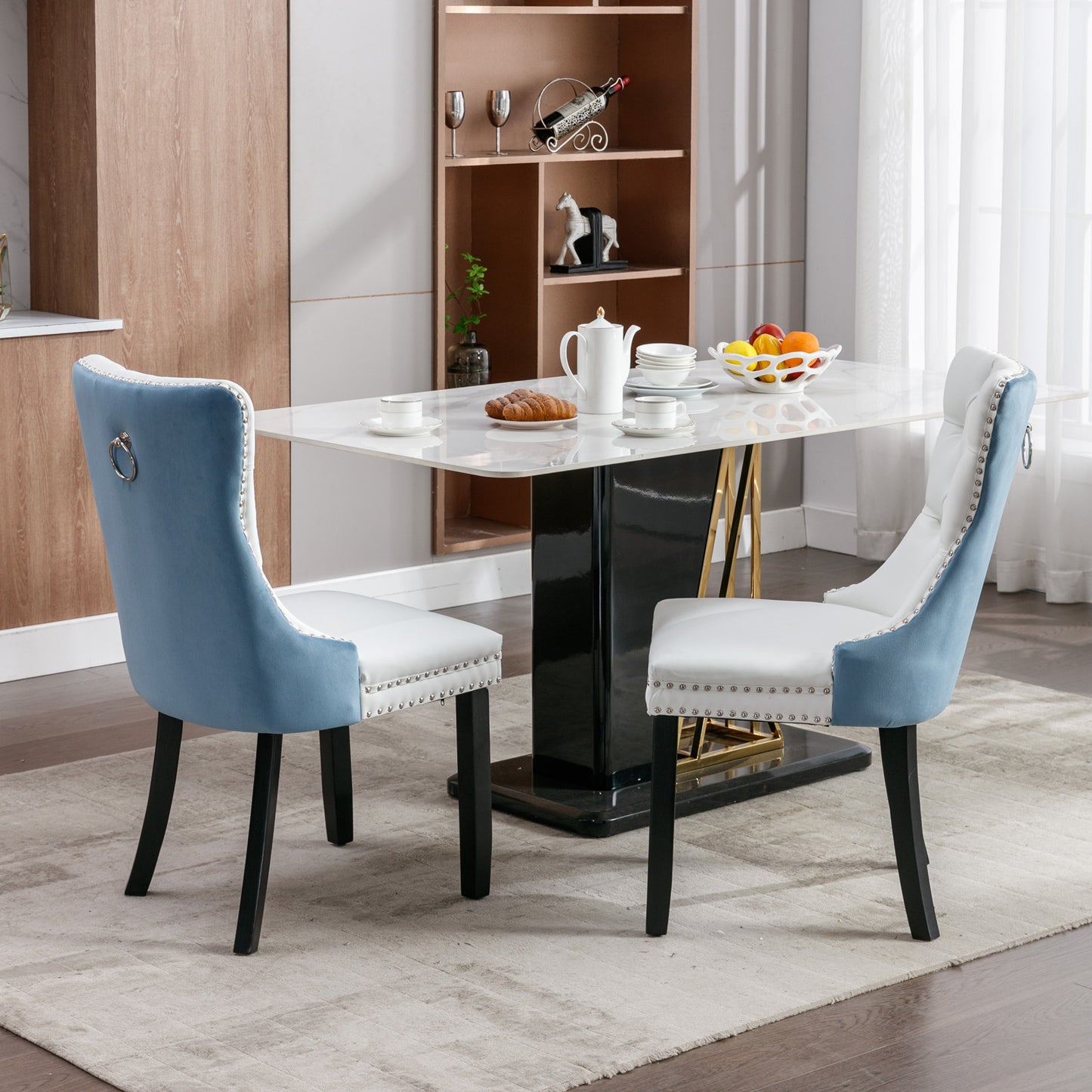 2 pcs High-End Tufted Modern Contemporary Leather Chair with Wooden Legs- Blue+White_4