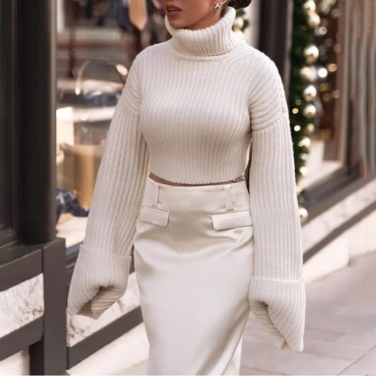 Autumn new fashion versatile high neck slim fit high-end women's long sleeved solid color knitted top - 2bazar4