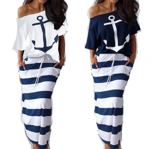 New European and American Navy Style Casual Set Womens Boat Anchor Print Womens Short Sleeve Set Women - 2bazar4