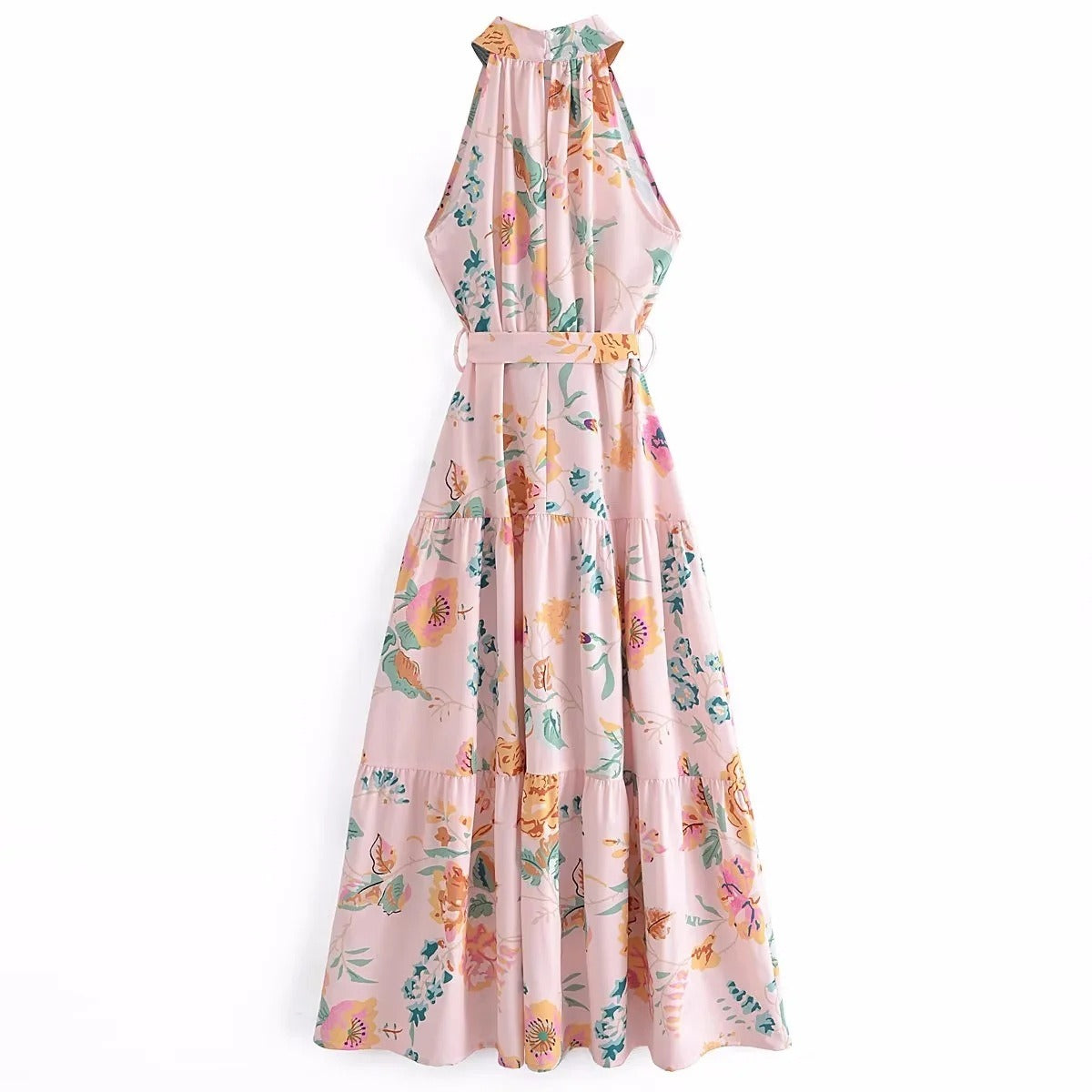 European and American New Fashion Sexy Sleeveless Hanging Neck Print Waist Pulling Dress Womens Long Dress - 2bazar4