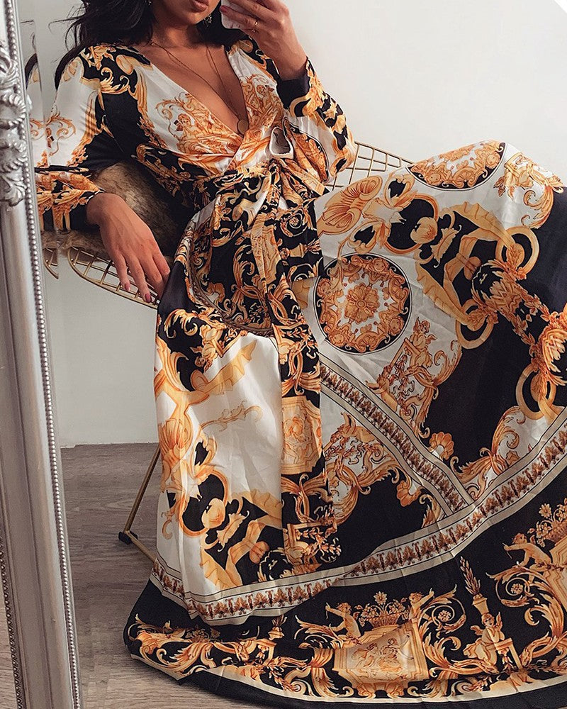 Evening Dress Print Dress V-Neck Pullover Retro Long Sleeve Women's  Long Skirt - 2bazar4