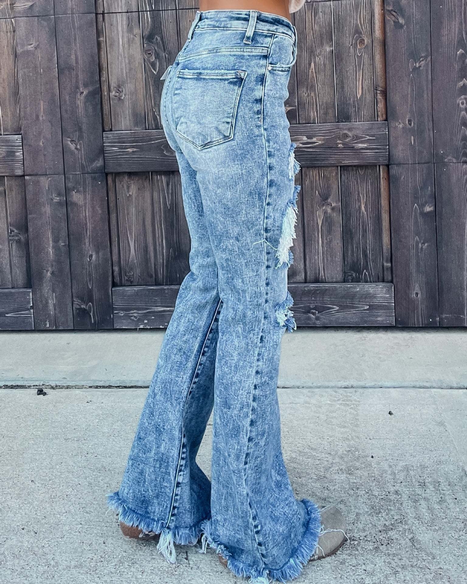 Autumn European and American casual distressed water washed micro flared pants jeans - 2bazar4