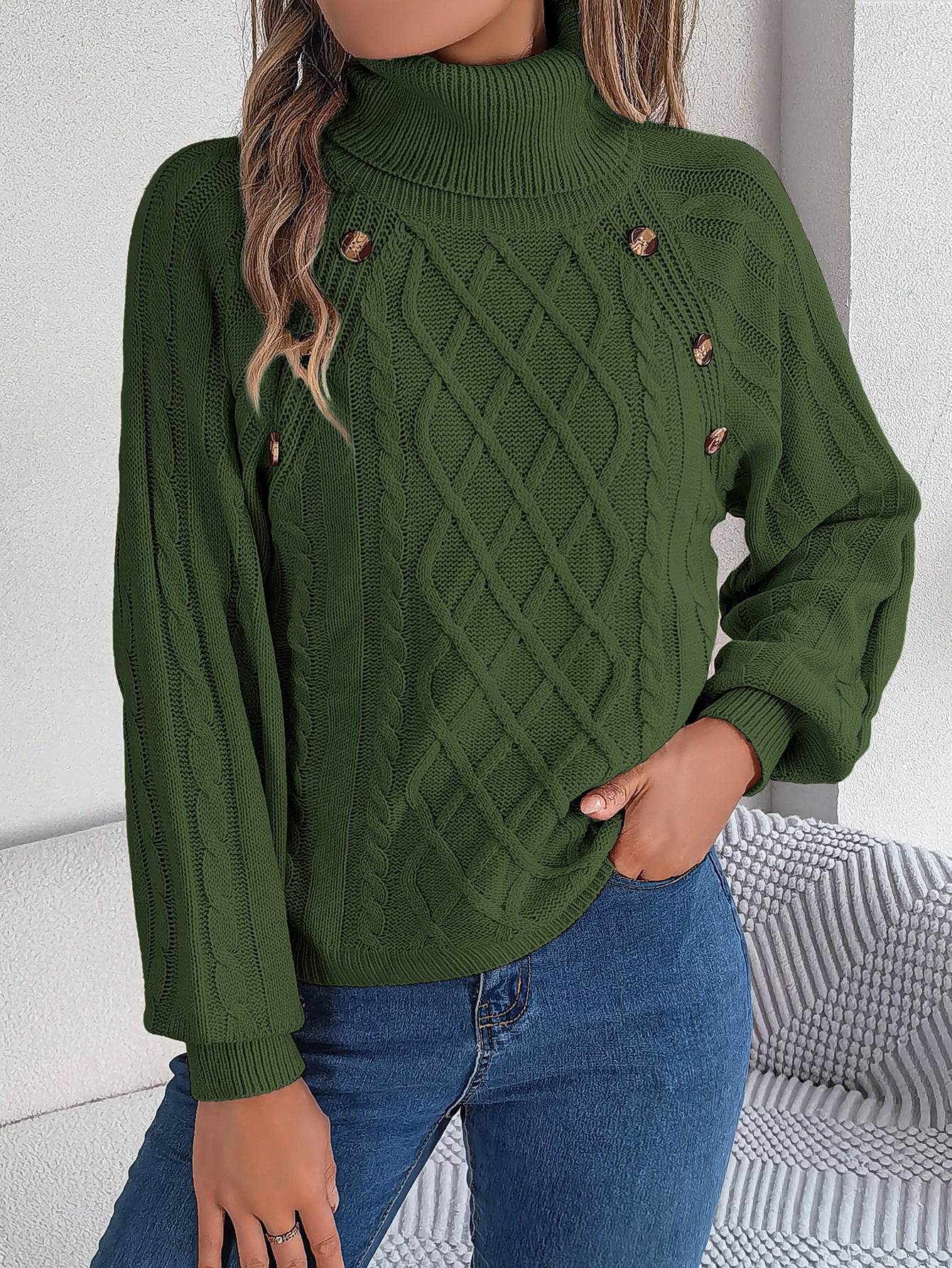 Women's autumn and winter fashion casual solid color button twist high collar lantern sleeve pullover sweater - 2bazar4