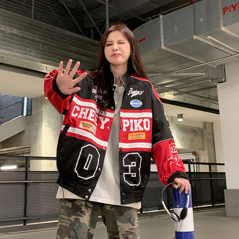 American retro motorcycle baseball uniform, autumn loose jacket, women's streetwear style, racing trend - 2bazar4