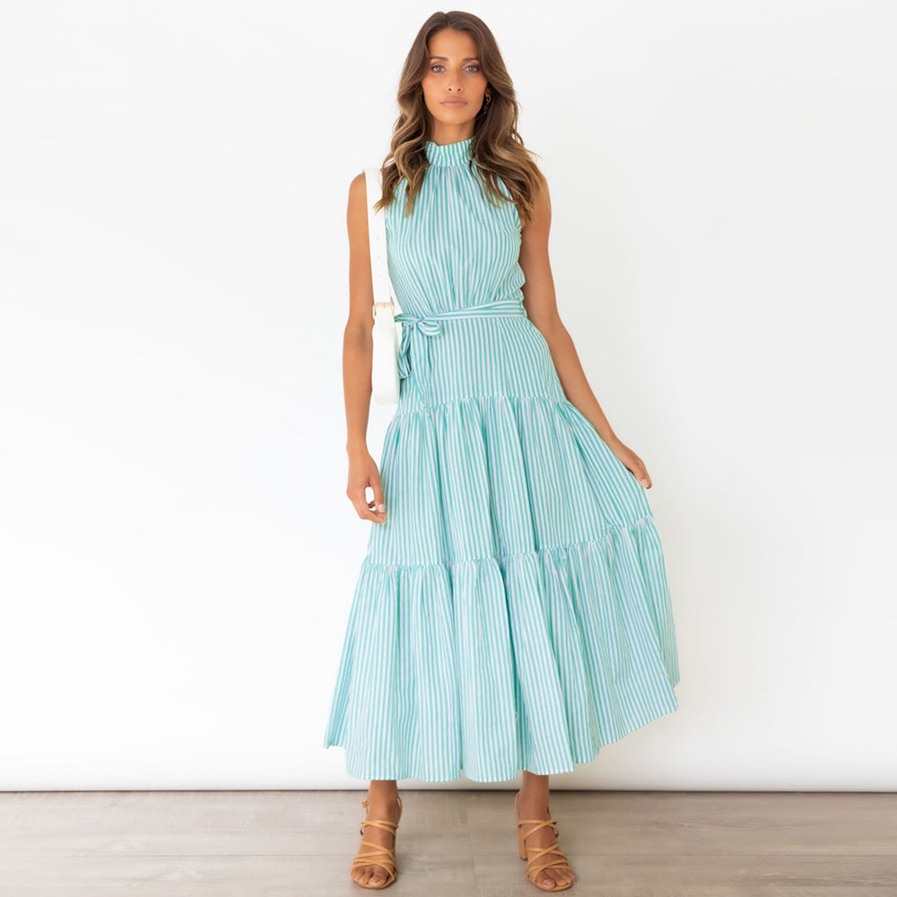 Summer New Striped Halterneck Dress Slim Temperament Long Skirt For Women - 2bazar4
