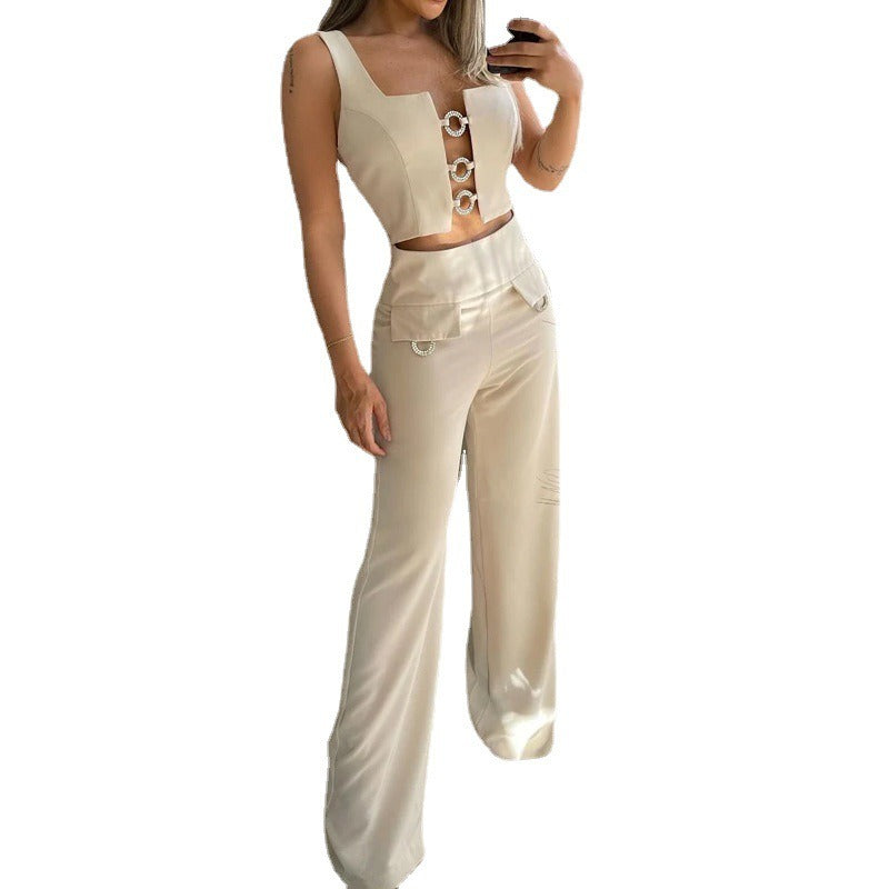 Fashion Womens Set Sexy Sleeveless Square Neck Top Loose Flare Pants Two Piece Set - 2bazar4
