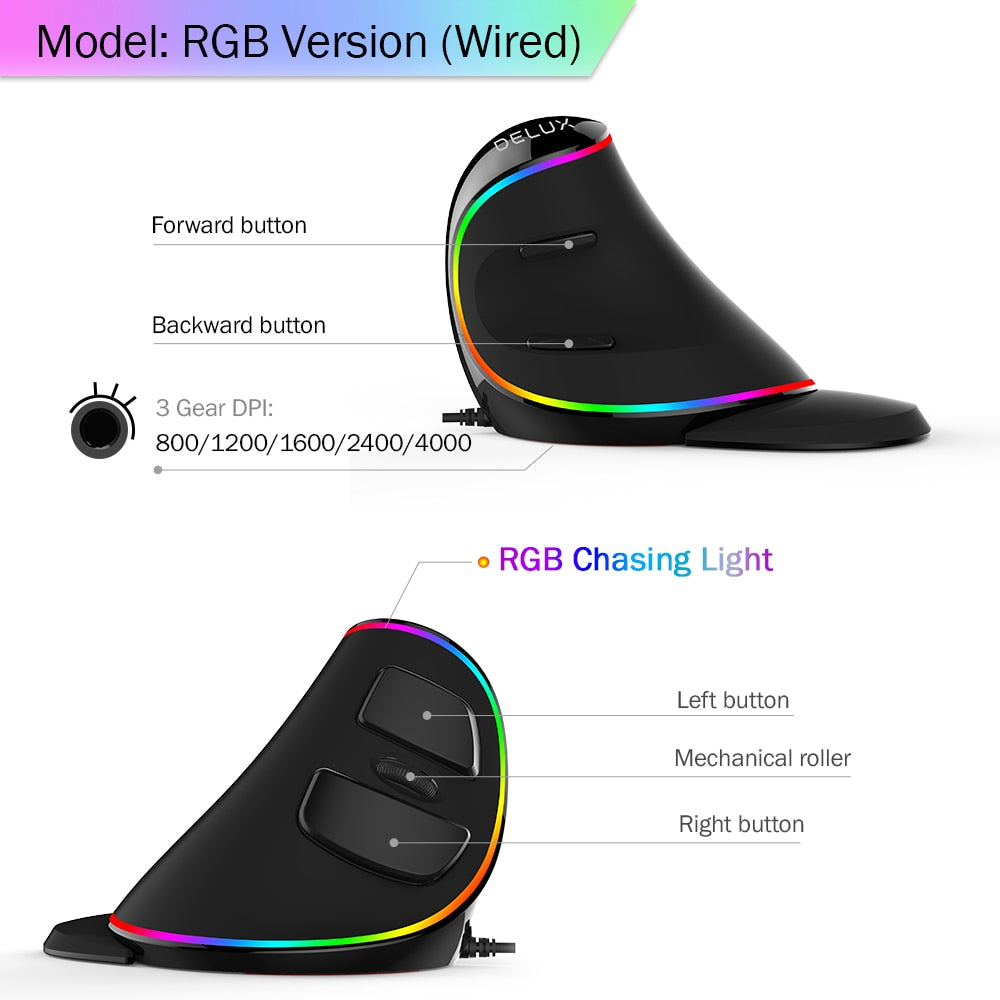Delux M618 PLUS Ergonomics Vertical Gaming Mouse 6 Buttons 4000 DPI RGB Wired/Wireless Right Hand Mice For PC Laptop Computer - 2bazar4
