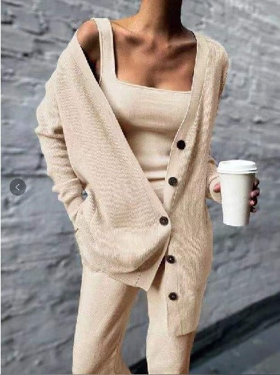 Solid color knitted jacket three piece set - 2bazar4