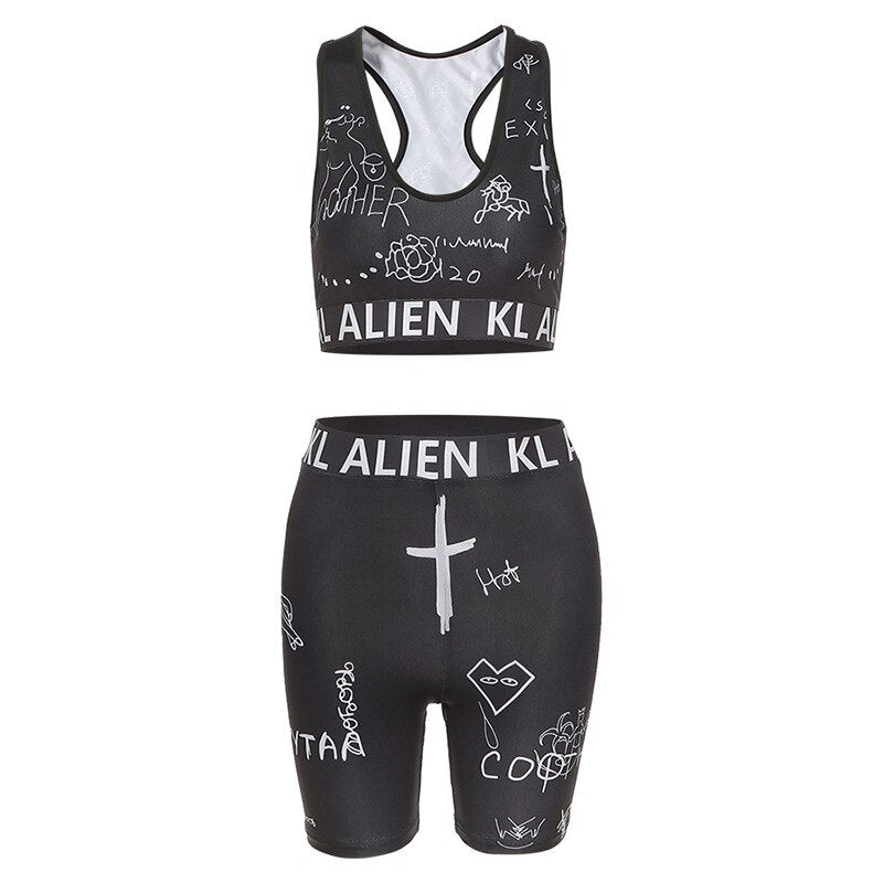 Yoga Fitness Two-piece Sleeveless Print Sexy Low-Cut Navel Vest  Yoga Set  Sport Set - 2bazar4