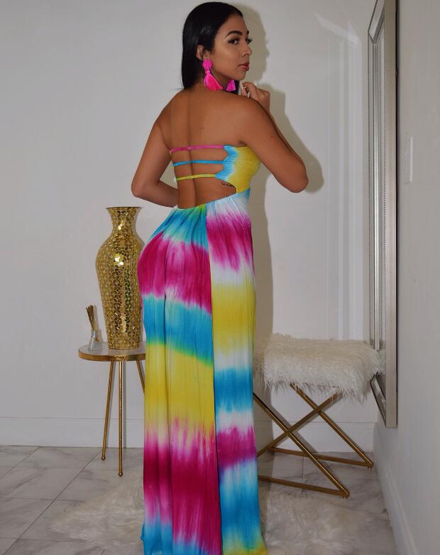 Women Summer Strapless Tie Dye Stripe Print Lace Up Hollow Out Back Maxi Dress Bohemian Elegant Long Beach Dresses Vestidos - 2bazar4