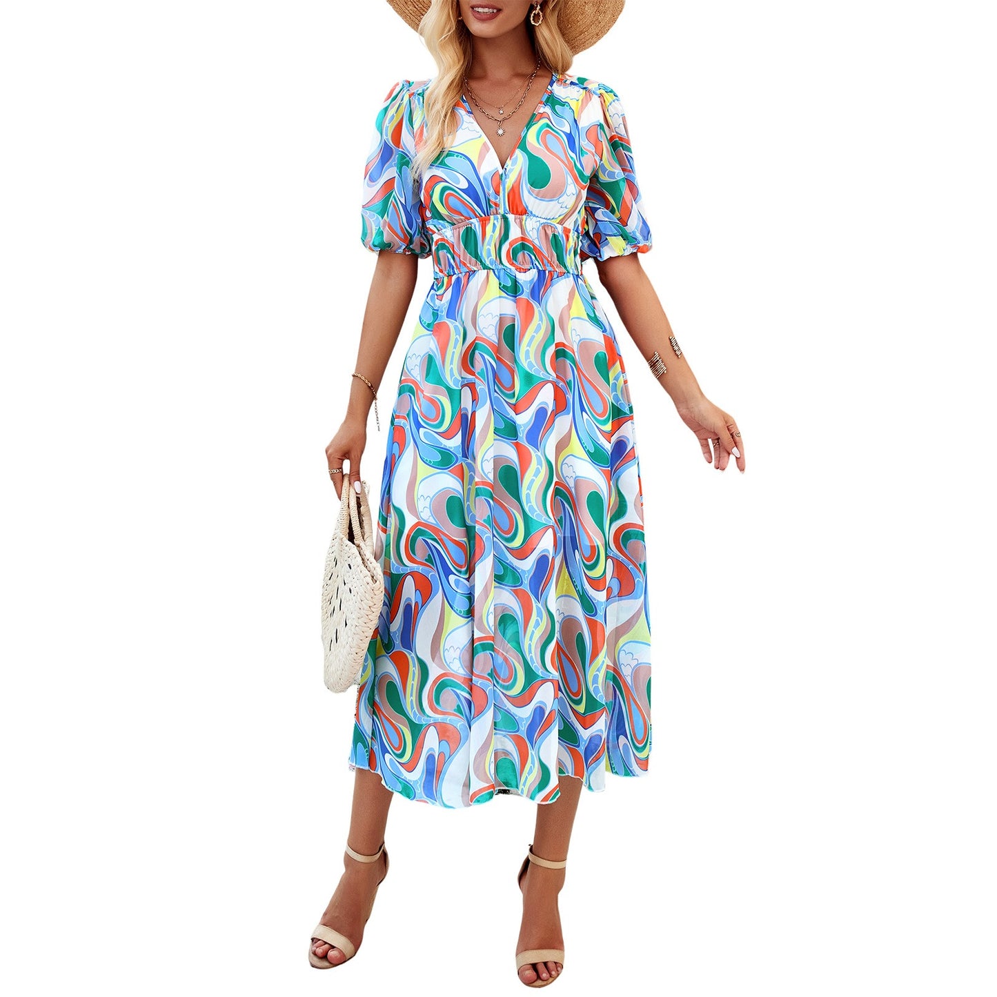 Spring/summer holiday casual print V-neck dress with waist tucked in - 2bazar4