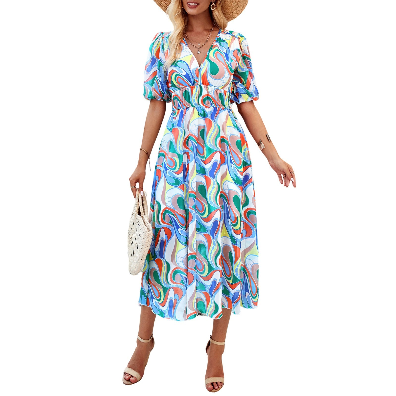 Spring/summer holiday casual print V-neck dress with waist tucked in - 2bazar4