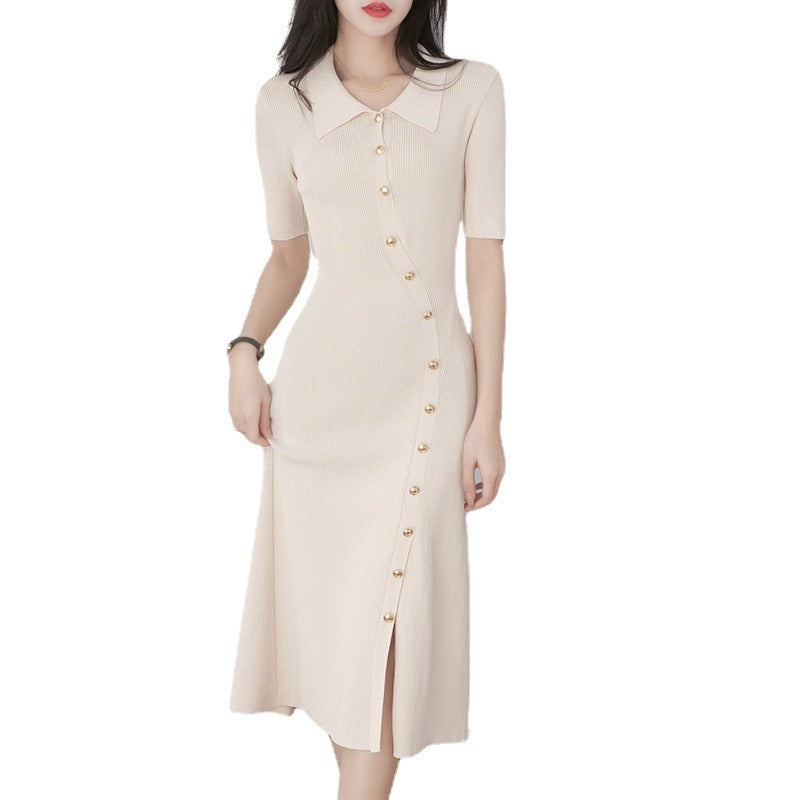 French Knitted Dress Women's Summer New Polo Neck Sexy Split Long Dress - 2bazar4