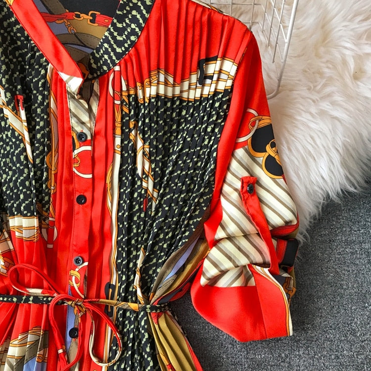 Spring Ladies Urban Chiffon Loose Printed Pleated Dress Women Fashion Festival Three Quarter Lantern Sleeves Knee-length Dress