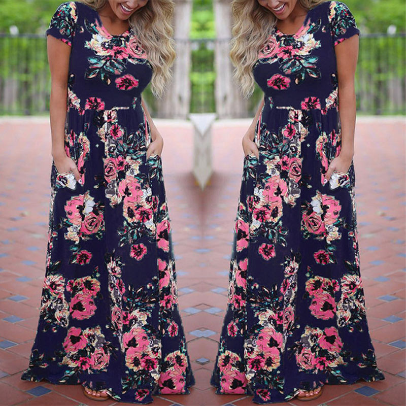Women Long Maxi Dress Summer Floral Print Boho Beach Dress Short Sleeve Evening Party Dress Tunic Vestidos Plus Size XXXL - 2bazar4