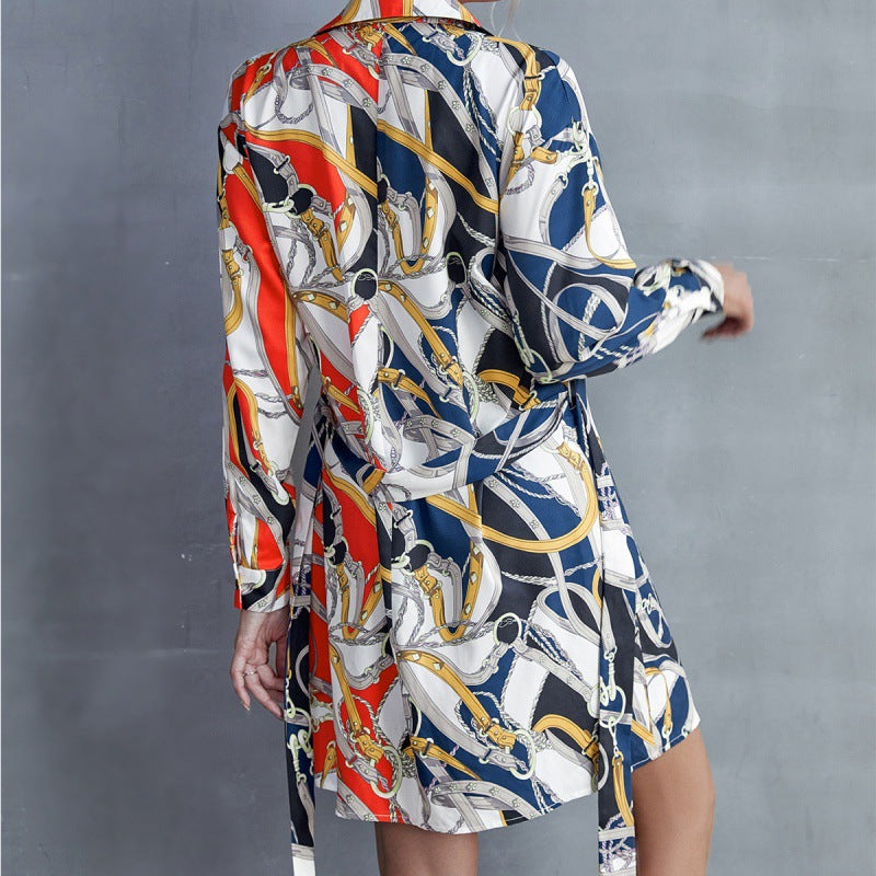 Mid Length Lapel Single Breasted Lace Up Printed Color Block Shirt Shirt Skirt Top - 2bazar4