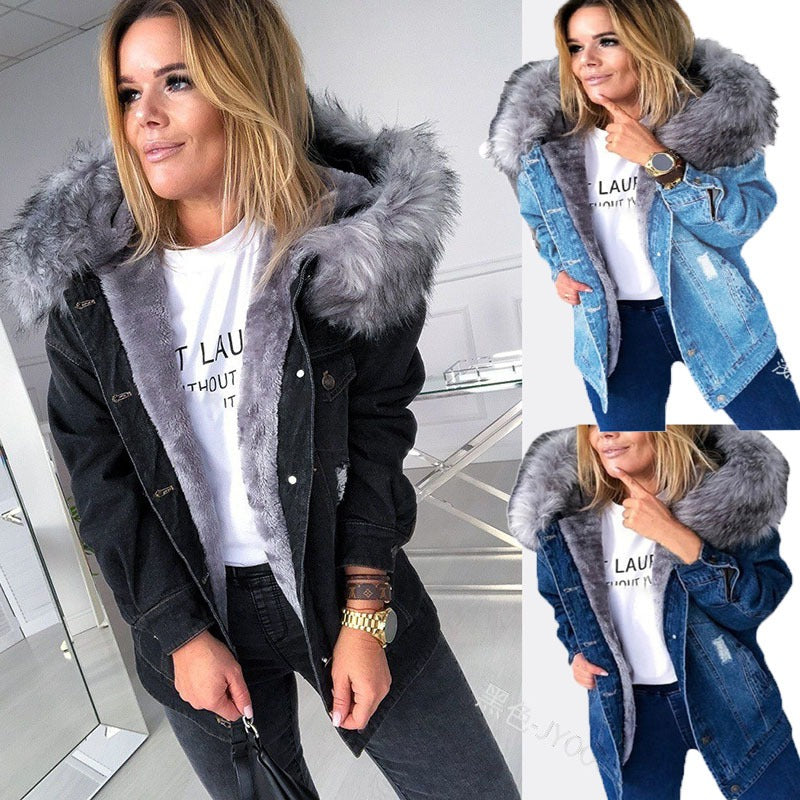 Women's slim fitting cotton jacket and denim jacket with a plush collar - 2bazar4