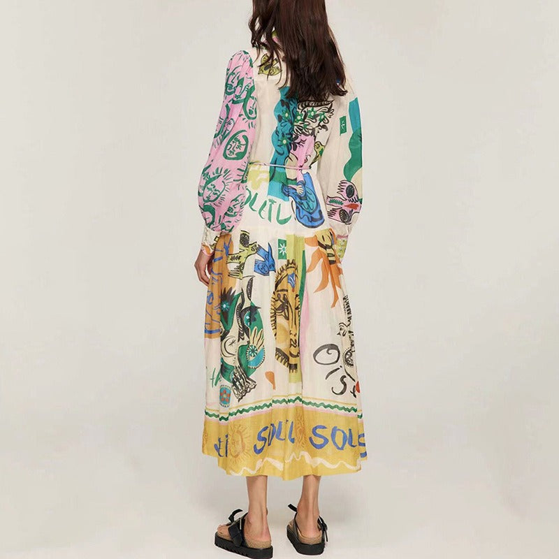 French court-style long skirt for women trendy autumn new fashionable lapel lantern sleeve lace-up ruffle dress