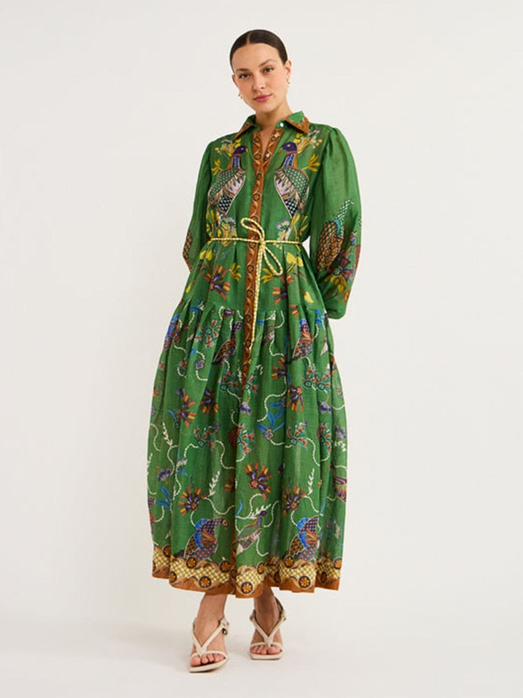 Birds Flower Printed Long Dress Women Belts Single Breasted Big Swing Holiday Long Lantern Sleeve Dresses Summer A-line Robe