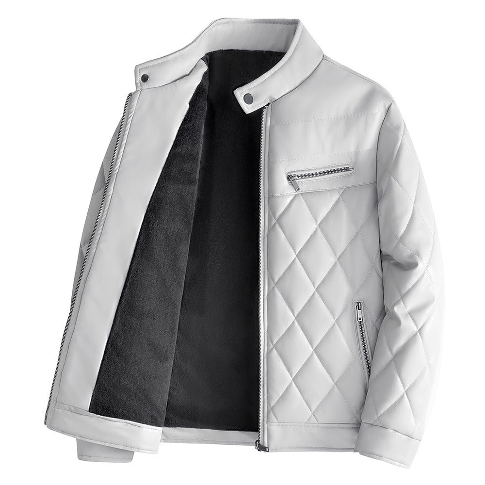 PU leather cotton jacket for men in winter with added velvet and thick leather cotton jacket, Korean version youth motorcycle - 2bazar4