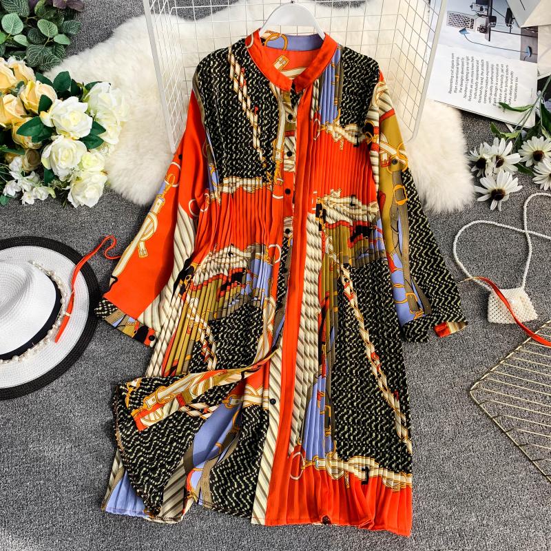 Spring Ladies Urban Chiffon Loose Printed Pleated Dress Women Fashion Festival Three Quarter Lantern Sleeves Knee-length Dress