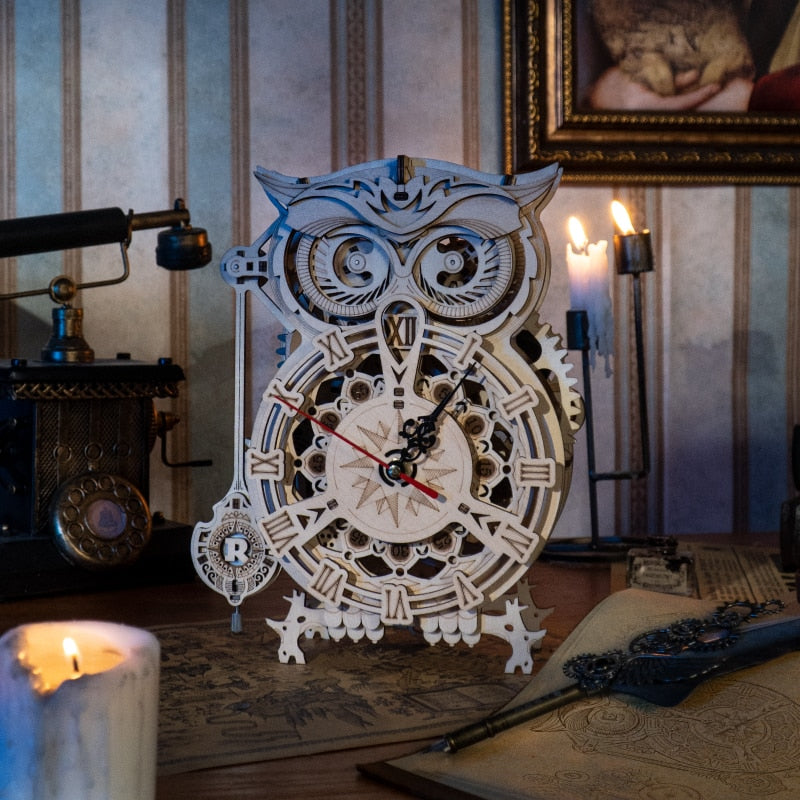 Robotime Rokr 161pcs Creative DIY 3D Owl Clock Wooden Model Building Block Kits Assembly Toy Gift for Children Adult LK503 - 2bazar4