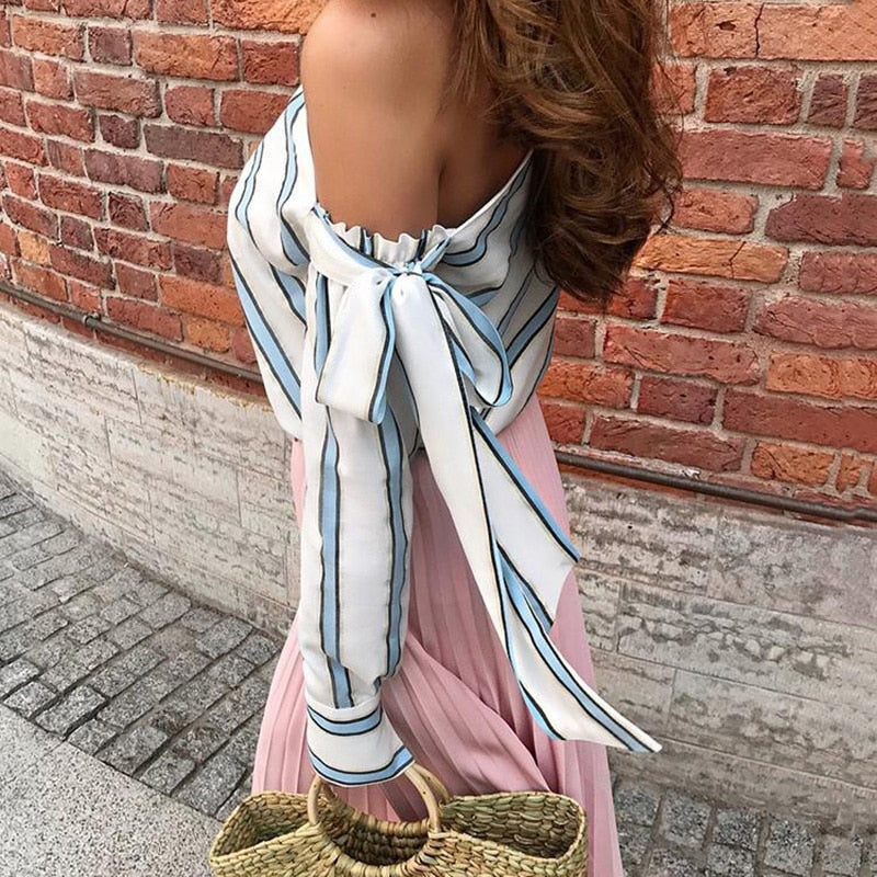 Summer Women Striped Loose Blouse Fashion Lady Off Shoulder Lace Up Shirts Female Elegant Tops - 2bazar4