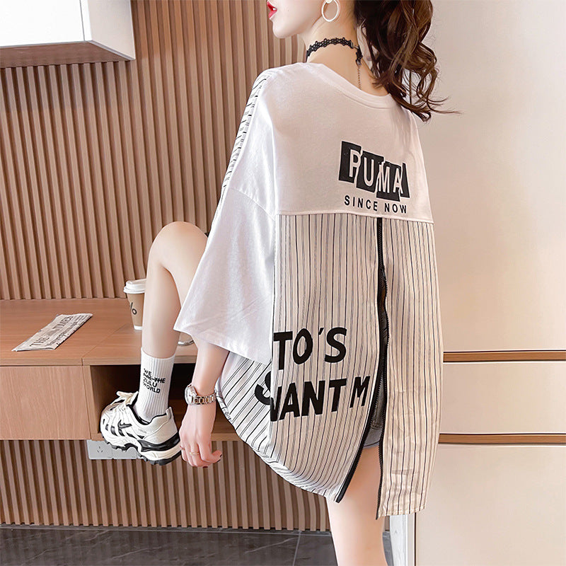 Design zipper stitching short-sleeved T-shirt women's loose top - 2bazar4