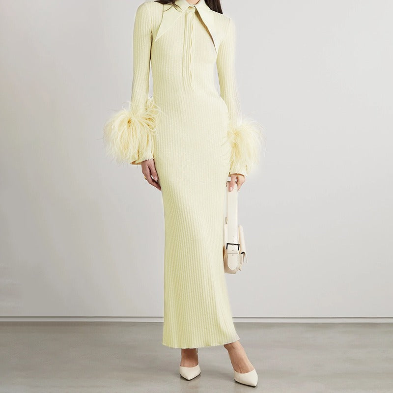 Light Yellow Dress Women Elegant Bandage Long Sleeve Feather Design Party Dress Vestidos - 2bazar4