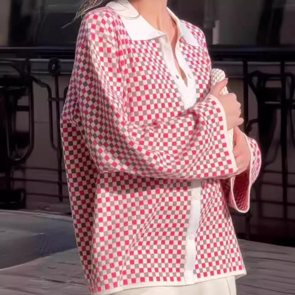 Fresh and sweet color blocked polo collar jacket cardigan for autumn and winter women's clothing - 2bazar4