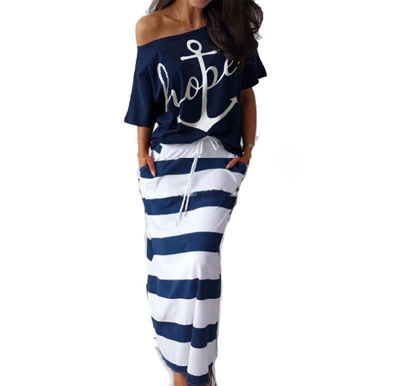 New European and American Navy Style Casual Set Womens Boat Anchor Print Womens Short Sleeve Set Women - 2bazar4