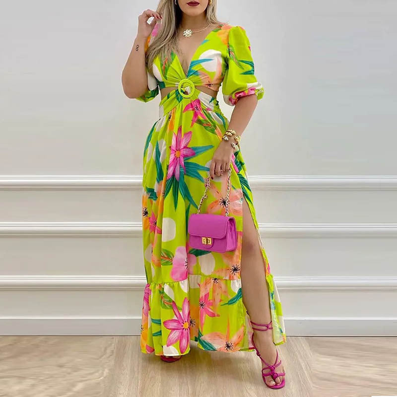 Commuter Women's Temperament Printed V-Neck Fashion Slit Long Dress - 2bazar4