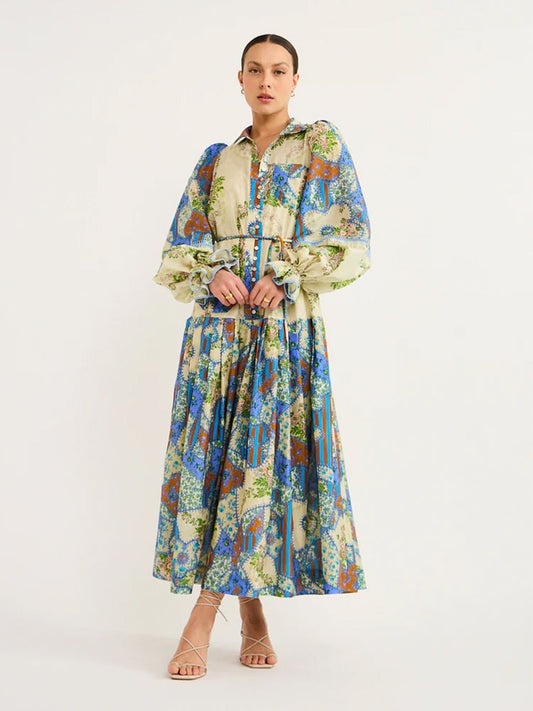 Colorful Printed Pleated Dress Women Belts Vacation Long Lantern Sleeve Single Breasted High Waist Dresses Turn-down Collar Robe