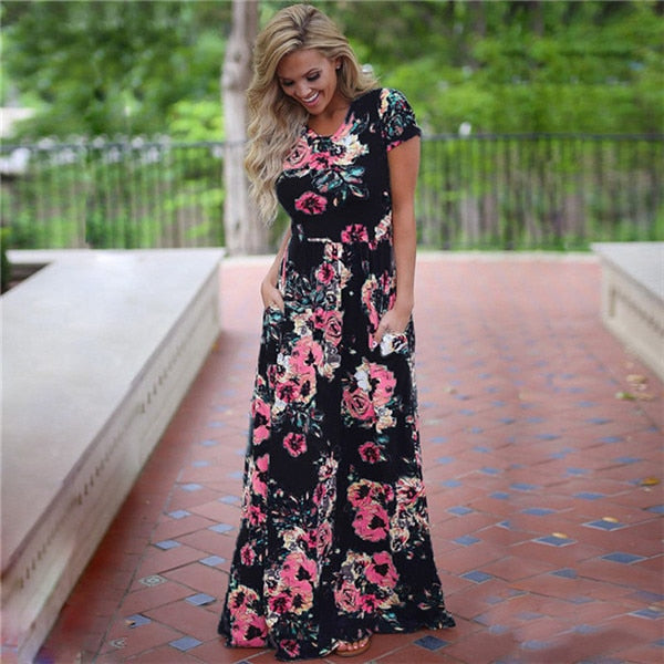 Women Long Maxi Dress Summer Floral Print Boho Beach Dress Short Sleeve Evening Party Dress Tunic Vestidos Plus Size XXXL - 2bazar4