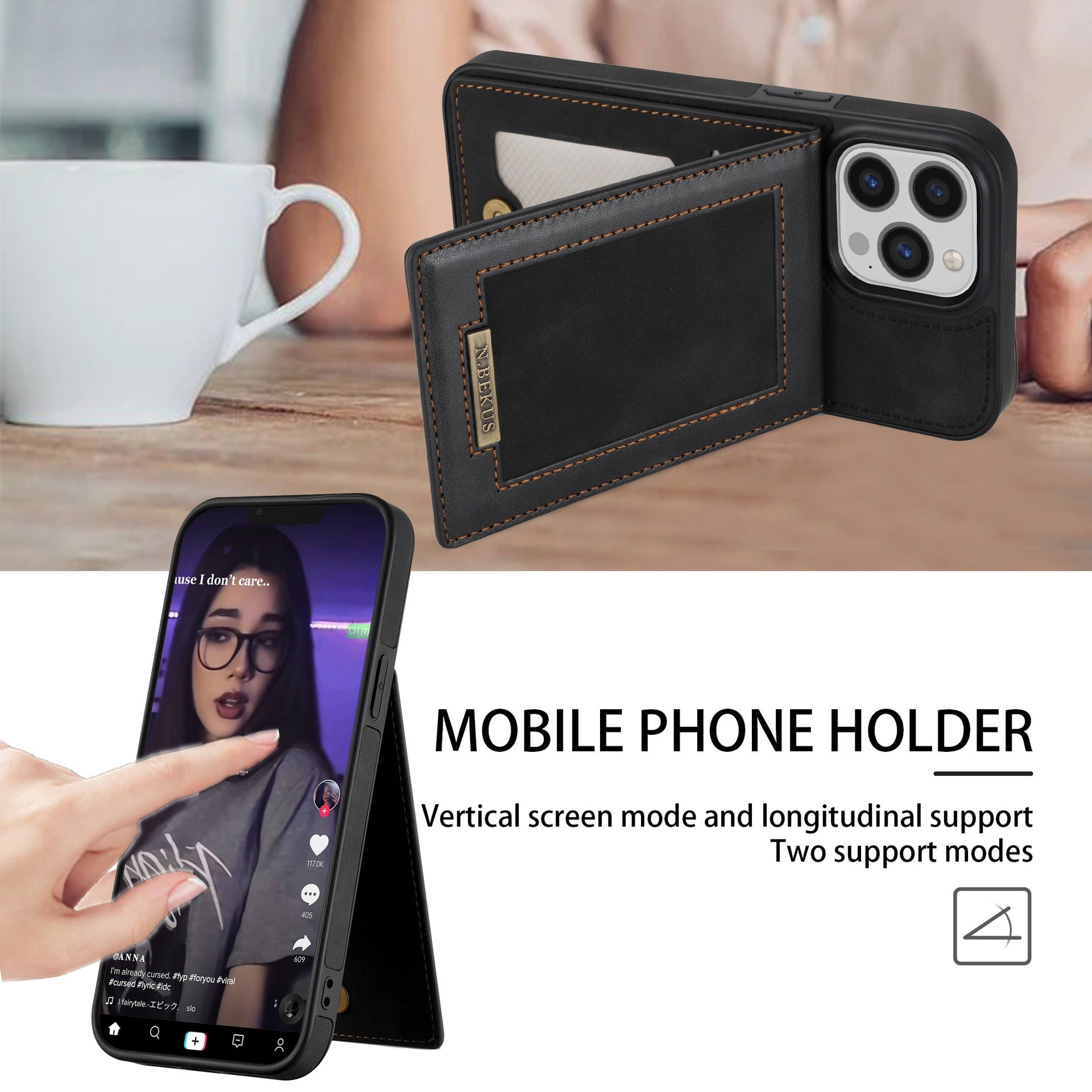 For iPhone 14ProMax Card Holder Phone Leather Case Samsung S23Ultra Photo Frame Magnetic Buckle Protective Case - 2bazar4