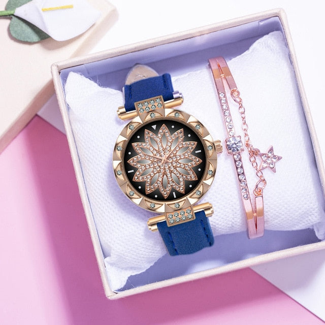 New Fashion Leather Strap Watch Women Quartz Watch Romantic Starry Sky Wrist Watch Bracelet Set for Women Gift Wrist Accessories - 2bazar4