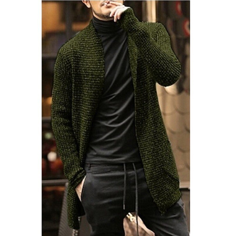 Knitted Cardigan Sweater Men Autumn Mens Long Sweater Jacket Casual Slim Fit Trench Knitwear Sweaters Streetwear Tops Gray - 2bazar4