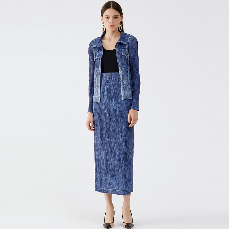 Miyake Denim Women's Korean Version Denim Shirt Spring Thin Top Slim Skirt Net Infrared Matching Suit - 2bazar4