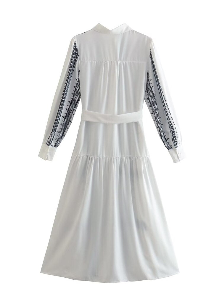 Women Midi Dress Printed Lace-up Elegant Simple Style New Lapel Long Sleeve Loose Fit Fashion Summer - 2bazar4