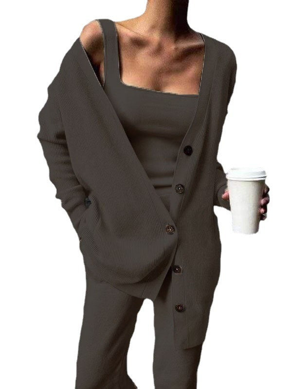 Solid color knitted jacket three piece set - 2bazar4