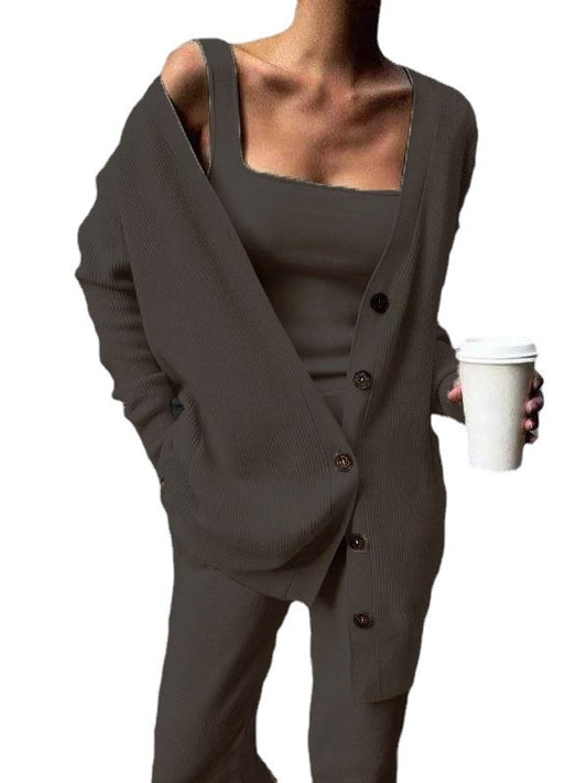 Solid color knitted jacket three piece set - 2bazar4