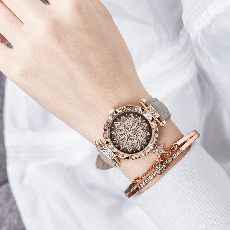 New Fashion Leather Strap Watch Women Quartz Watch Romantic Starry Sky Wrist Watch Bracelet Set for Women Gift Wrist Accessories - 2bazar4