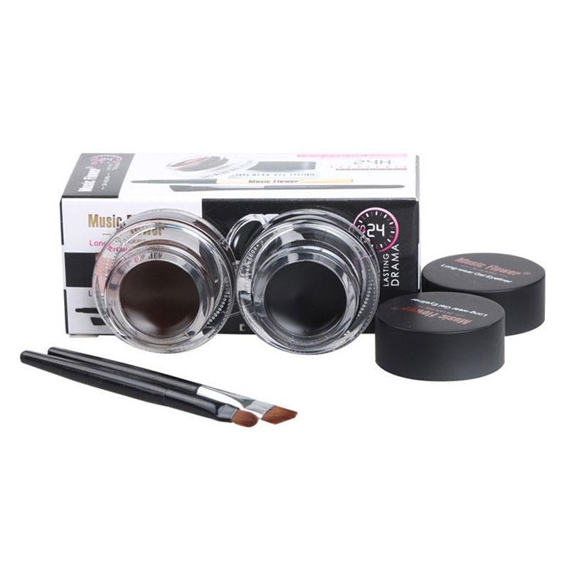 Music Flower 2 in 1 Coffee + Black Gel Eyeliner Make Up Waterproof Eye Liner Cosmetics Set Eyeliner Pens Makeup Brushes Set - 2bazar4