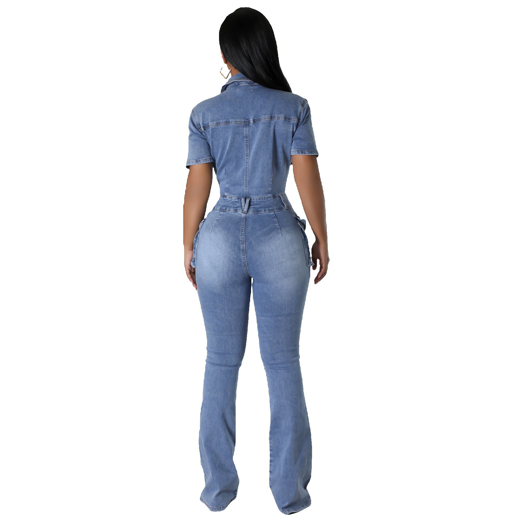 European and American tight waist slim fit elastic stir fried flower washed denim jumpsuit jumpsuit flared pants - 2bazar4