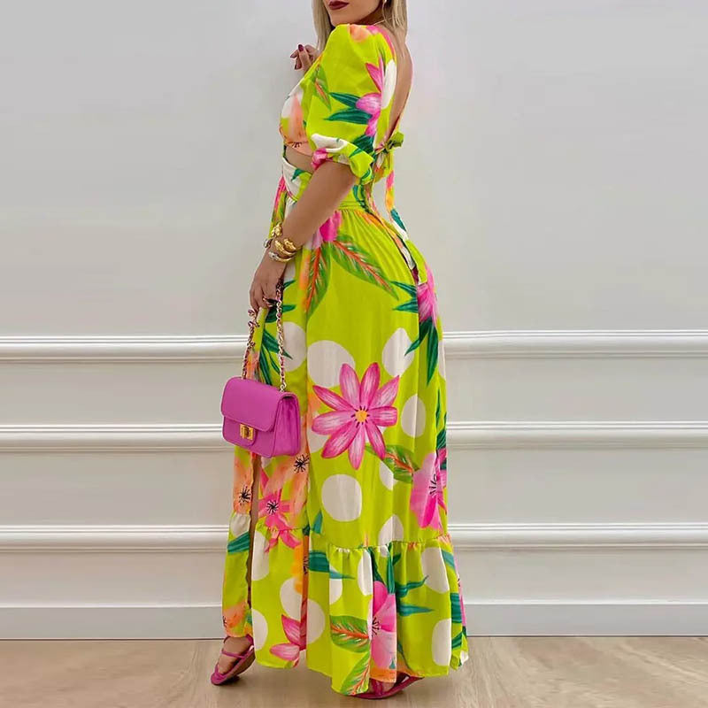 Commuter Women's Temperament Printed V-Neck Fashion Slit Long Dress - 2bazar4