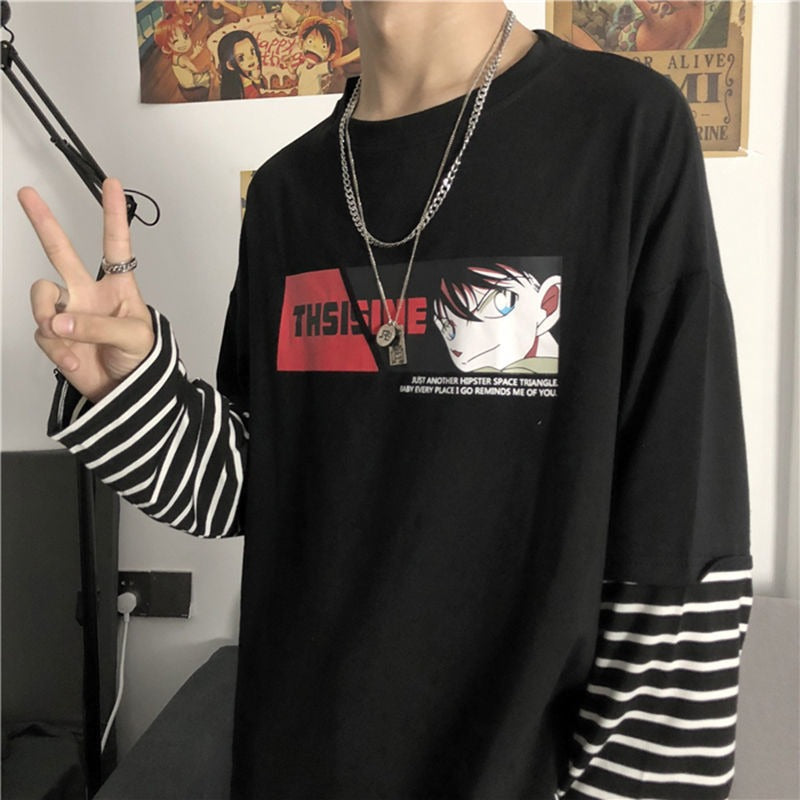 Autumn New Instagram Naruto Long sleeved T-shirt for Men and Women Couple Striped Fake Two Piece Set Student Loose Top - 2bazar4